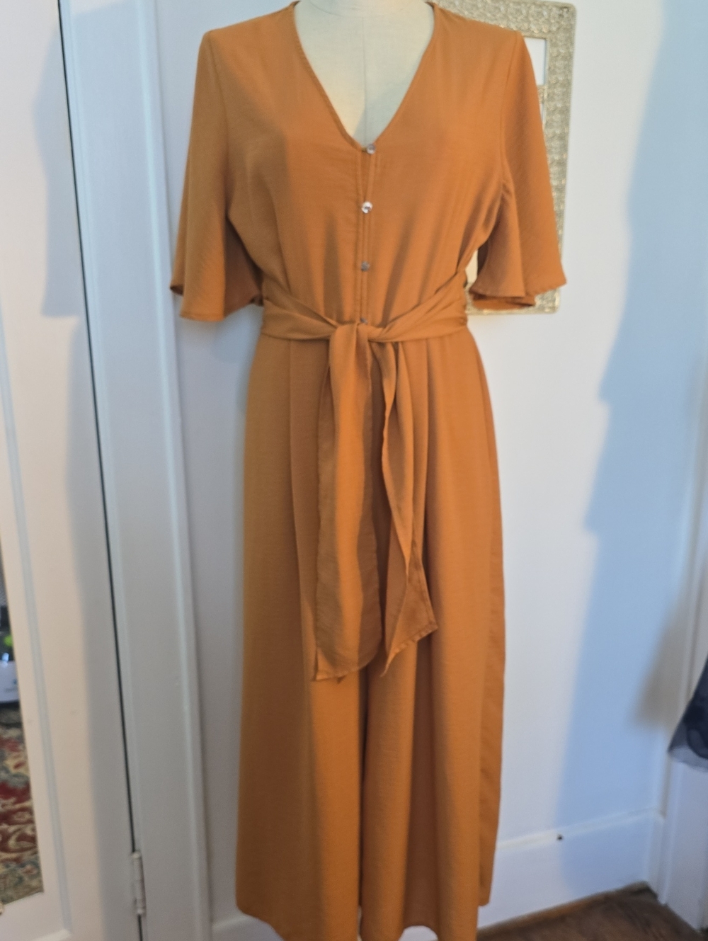 FAVLUX Rusty Mustard V-Neck Tie-Waist Maxi  Pants Suit